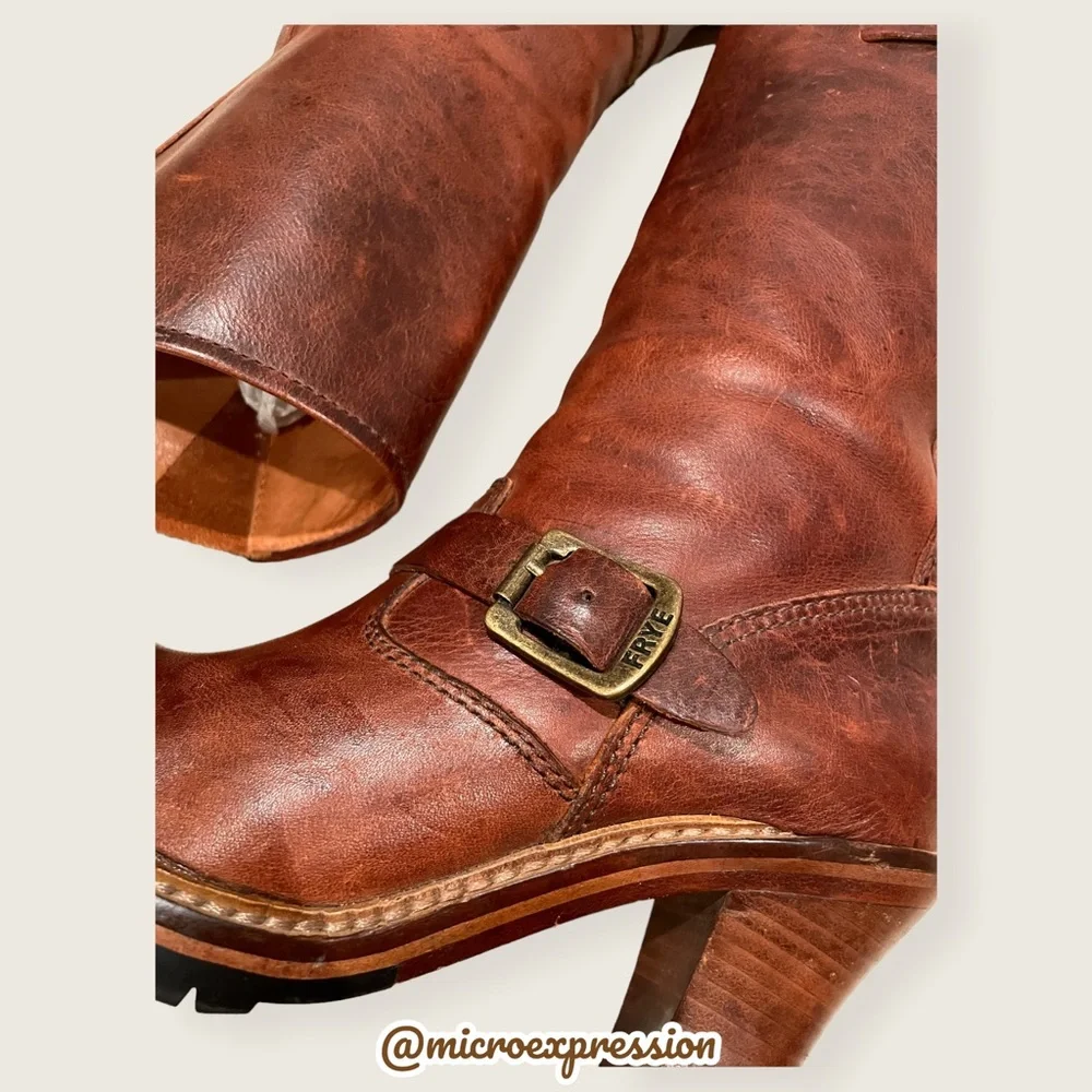 $388 Frye Mildred Brown English Engineer Leather Buckled Heeled Riding Boots